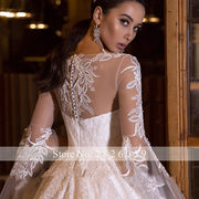 Lceland Poppy Women's A Line Scoop Neck Lace Wedding Dresses Floor Length Long Flare Sleeves Bridal Gowns with Chapel Train