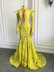 Long Elegant Prom Dresses 2023 See Through Sexy Long Sleeve Sparkly Yellow Sequin Mermaid Prom Gowns