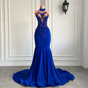 Long Prom Dresses 2023 Elegant High Neck Luxury Beaded Embroidery Royal Blue Spandex Mermaid Prom Gala Gowns
