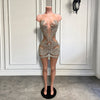 Mannequin Wearing a Luxury Sheer Silver Crystal Beaded Mini Birthday Dress with Intricate Embellishments, Styled for Glamorous Celebrations