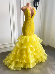 Sexy V-neck Mermaid Ruffle Yellow Organza Sparkly Sequin Long Prom Dresses 2023