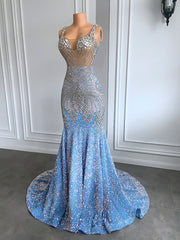 Sparkly Light Blue Mermaid Prom Dress with Silver Crystals