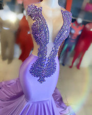 Luxurious Long Prom Dresses Sexy Mermaid Handmade Beaded Diamond Lavender Prom Gala Party Formal Occasion Dress