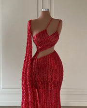 Long Evening Dresses Sexy High Slit Red Sequin Floor Length Formal Party Evening Gowns