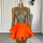 Sexy See Through Women Birthday Party Gowns Sparkly Silver Crystals Orange Short Mini Prom Dresses