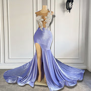 Real Long Prom Dresses 2023 Sexy High Slit Mermaid Sheer Luxury Beaded Embroidery Lavender Prom Party Formal Gowns