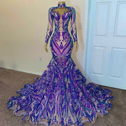 Long Prom Dresses 2022 High Neck Sexy Long Sleeve Sparkly Purple Sequin Fitted Prom Gala Gowns For Party