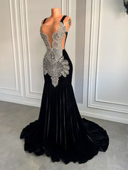 Luxury Long Prom Dresses Sexy Mermaid Style Sparkly Silver Diamond Crystals Velvet Prom Party Gowns