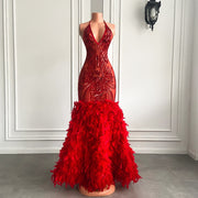 Long Elegant Prom Dresses 2023 Real Sexy See Through Sparkly Red Sequined Feather Mermaid Prom Gala Gowns