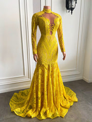 Sexy Mermaid Style Long Sleeve High Neck Yellow Sequin Long Prom Dresses 2023 For Party