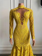Sexy Mermaid Style Long Sleeve High Neck Yellow Sequin Long Prom Dresses 2023 For Party