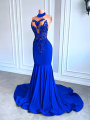 Long Prom Dresses 2023 Elegant High Neck Luxury Beaded Embroidery Royal Blue Spandex Mermaid Prom Gala Gowns