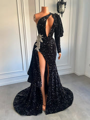 Elegant One Shoulder Single Long Sleeve Prom Dresses 2023 Sexy Mermaid Style Sparkly Black Sequin Women Prom Gala Gowns