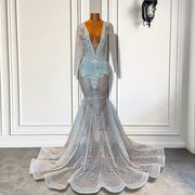 Long Sleeve Prom Dresses Sexy Sparkly Luxury Mermaid Style See Through Silver Diamond Prom Party Gala Gowns