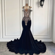 Luxury Long Prom Dresses Sexy Mermaid Style Sparkly Silver Diamond Crystals Velvet Prom Party Gowns
