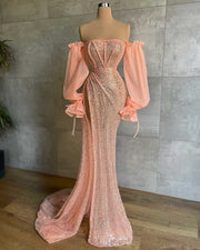 Elegant Long Sleeve Evening Dress Off The Shoulder  Sexy High Slit Pink Sequin Evening Party Gowns