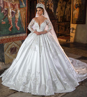 Morocco 2023 Gorgeous Wedding Dresses Pricess Ball Gown Lace Pearls Long Sleeves Sheer Neck White Bridal Gowns Vestido De Novia