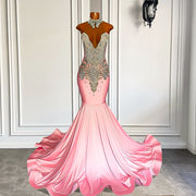 Long Pink Prom Dresses 2023 Sexy Mermaid High Neck Luxury Sparkly Silver Diamond Prom Formal Gala Gowns