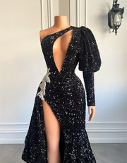 Elegant One Shoulder Single Long Sleeve Prom Dresses 2023 Sexy Mermaid Style Sparkly Black Sequin Women Prom Gala Gowns