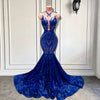 Royal Blue Sparkly Sequined Fitted Mermaid Style Prom Dress