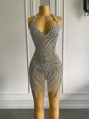 See Through Short Prom Dresses Luxury Beaded Crystals Silver Cocktail Gown For Party