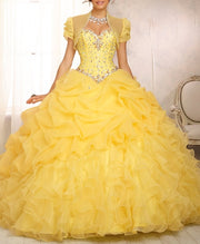 Diamond Beaded Organza Ruffled Lime Green Quinceanera Dress