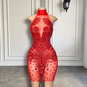 See Through High Neck Cocktail Gowns Sexy Sheer Mesh Luxury Crystals African Women Birthday Party Red Short Prom Dress