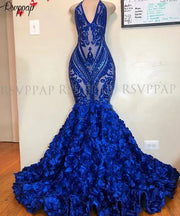 Floral Elegance: Royal Blue Sequin Prom Dress