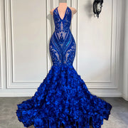 Floral Elegance: Royal Blue Sequin Prom Dress