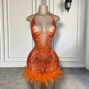 See Through Sexy Women Birthday Party Gowns Halter Sparkly Crystals Orange  Mini Short Prom Dresses 2023
