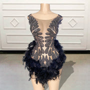 Sexy See Through Mini Cocktail Party Dresses Sparkly Beaded Feathers Short Prom Gown for Birthday