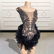 Sexy See Through Mini Cocktail Party Dresses Sparkly Beaded Feathers Short Prom Gown for Birthday