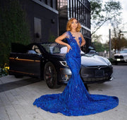 Sexy Royal Blue Mermaid Evening Dresses Sheer O Neck Glitter Sequins 2YK Women Formal Prom Gowns Night Party Maxi Robe
