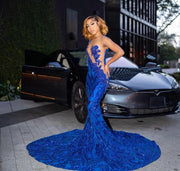 Sexy Royal Blue Mermaid Evening Dresses Sheer O Neck Glitter Sequins 2YK Women Formal Prom Gowns Night Party Maxi Robe