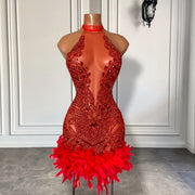Sexy See Through Halter Luxury Beaded Diamond Women Birthday Party Gowns Red Feather Short Mini Prom Dresses
