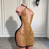 Mannequin Wearing a Gold Beaded Velvet Mini Cocktail Birthday Dress with Intricate Embellishments and Luxe Texture, Styled for Glamorous Celebrations