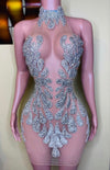 High Neck Luxury Sparkly Silver Beads Birthday Dress