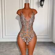 Sexy See Through Luxury Silver Beaded Crystals Short Prom Dresses For Birthday Party