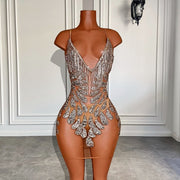 Sexy See Through Luxury Silver Beaded Crystals Short Prom Dresses For Birthday Party