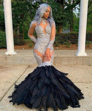 Sexy See Through Mermaid Prom Dresses with Black Feathers African Lace Long Sleeves Graduation Gowns Formal Party Evening Dress