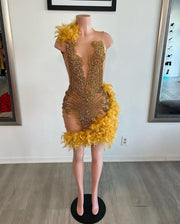 Sexy See Through Sheer Mesh Birthday Party Formal Gowns Sparkly Luxury Gold Diamond Feather Short Prom Dresses