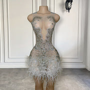 Sexy See Through Women Birthday Cocktail Gowns Feather Silver Sparkly Diamond Mini Short Prom Dresses