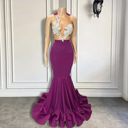 Sexy Sheer O-neck Sleeveless Sparkly Beaded Silver Diamond Mermaid Style Purple Long Prom Dresses
