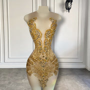 Sexy Sheer See Through Short Prom Dress Golden Diamond Luxury Beaded Crystals Women Cocktail Party Gowns For Birthday