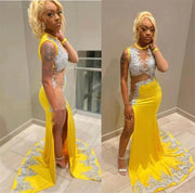 Sexy Yellow Sheer Prom Dresses Silver Lace Applique Sider Split Formal 2023 Evening Gowns Maxi Night Party Outfits Mermaid