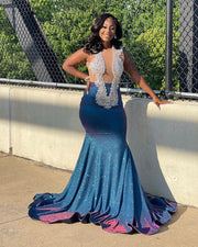Luxury Sheer O-neck Silver Crystals Women Mermaid Prom Gowns Navy Blue Prom Dresses 2023
