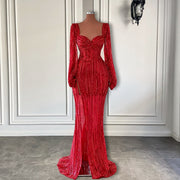 Long Sleeve Evening Dresses 2023 Elegant High Slit Sweetheart Red Sequin Formal Evening Gowns