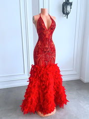 Long Elegant Prom Dresses 2023 Real Sexy See Through Sparkly Red Sequined Feather Mermaid Prom Gala Gowns