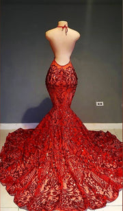 Long Sexy Prom Dress 2023 Halter Mermaid Style Backless Sparkly Red Sequin Prom Gala Gowns