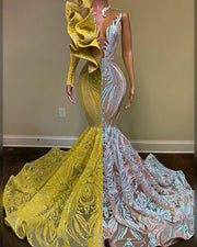 Sexy Long Prom Dresses 2023 Singel Long Sleeve Yellow and Silver Mermaid Gala Prom Gowns